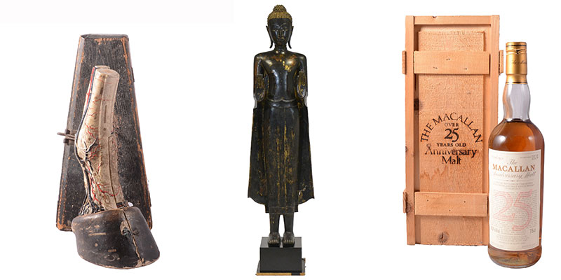Horse foot model, Buddha statue and Macallan whiksy