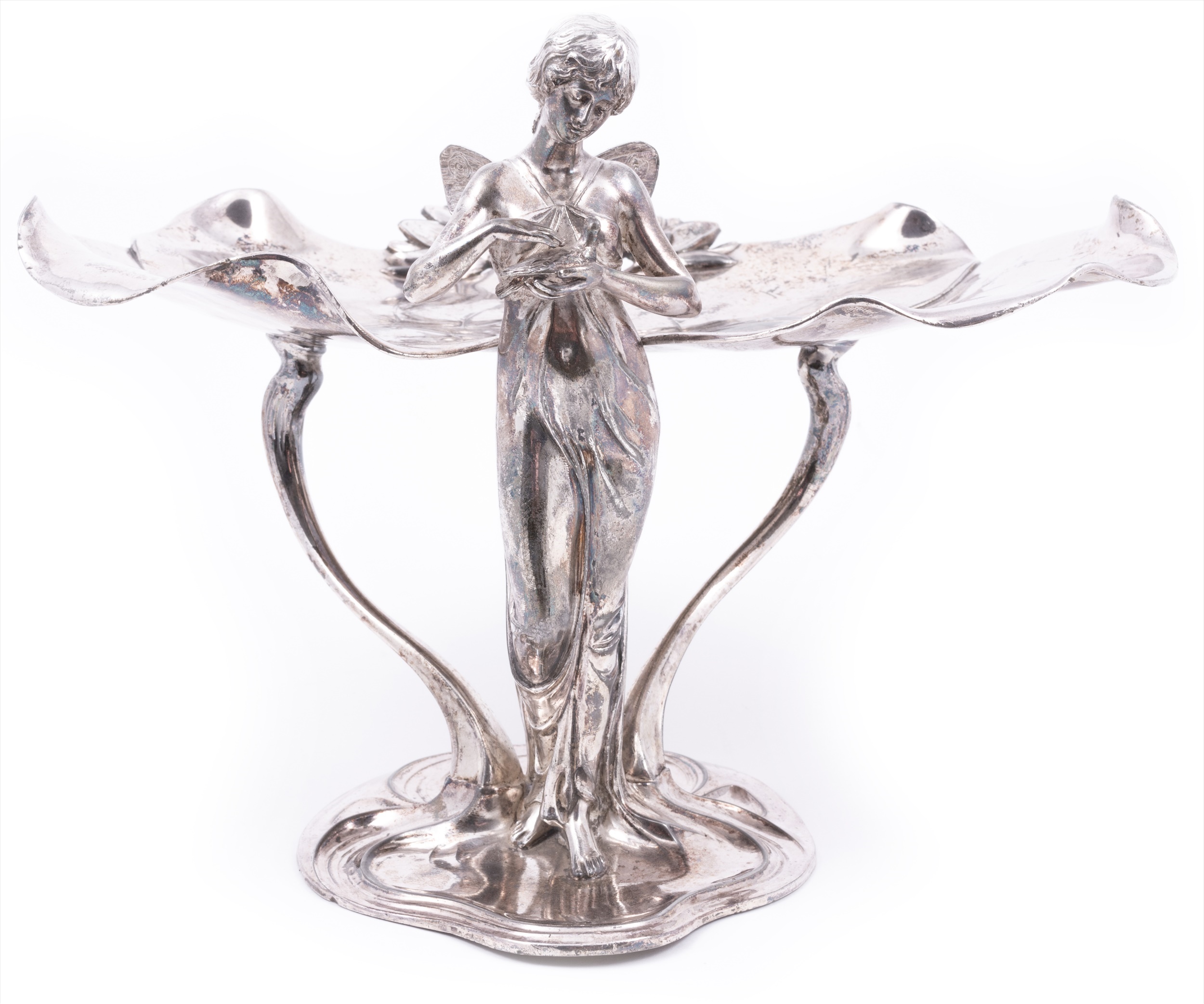 An Art Nouveau silvered metal figural visiting card tray by WMF