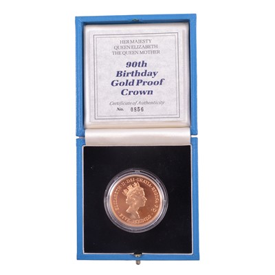 Lot 336 - Royal Mint 1990 HM Queen Mother 90th Birthday gold proof crown coin.