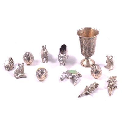 Lot 389 - Pre-Revolutionary Russian white metal kiddush cup, silver pin cushions and miniature animals.