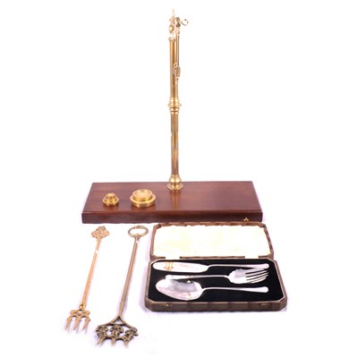 Lot 163 - Brass balance scales, fire irons, chestnut roaster (masonic)