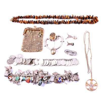 Lot 440 - Silver bracelets, tiger's eye necklace, citrine kilt brooch, American military pins and other jewellery.