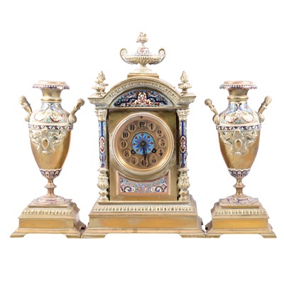 Lot 121 - French gilt metal and cloisonne three-piece clock garniture