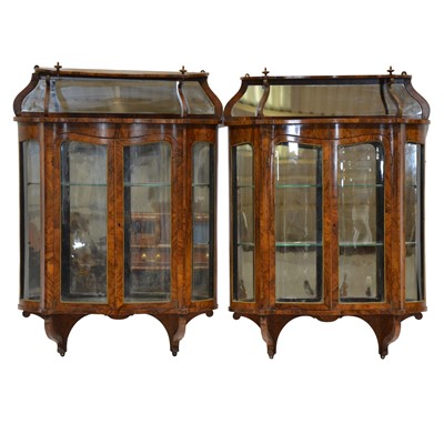 Lot 241 - Pair of Victorian burr walnut wall mounted display cabinets