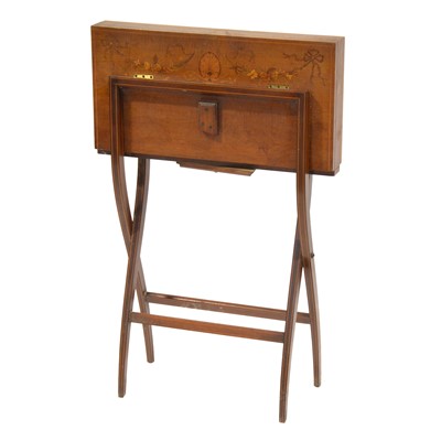 Lot 243 - Edwardian inlaid mahogany folding writing table, in the manner of Edwards & Roberts