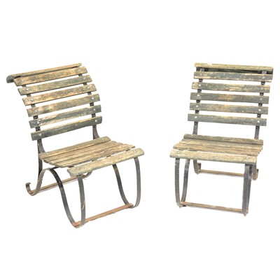 Lot 523 - Pair of wrought iron and slatted wood garden...