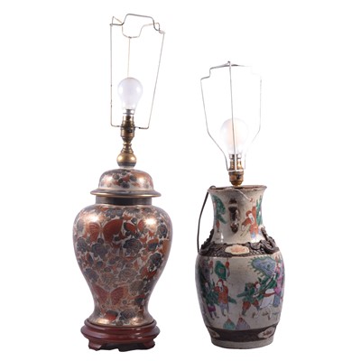 Lot 110 - Chinese famille verte vase converted to a lamp base, and a modern table lamp