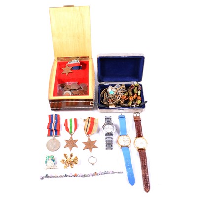 Lot 501 - Costume jewellery, Swatch and Seiko watches, four WWII medals, coins and banknotes.