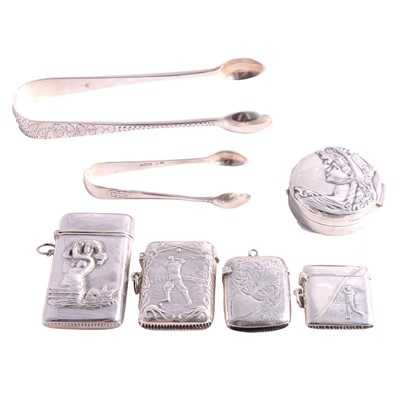 Lot 268 - Silver vesta cases, modern, pill box and sugar tongs