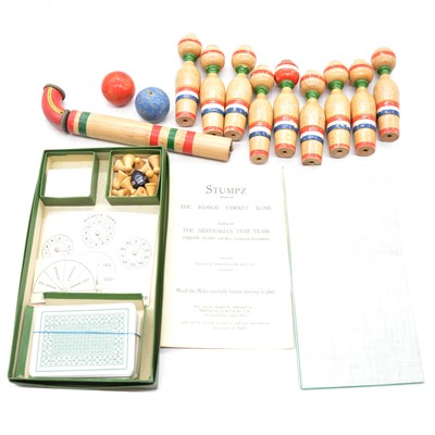 Lot 149 - Stumpz indoor cricket game, tabletop skittles set, model yacht and a Tri-ang metal crane