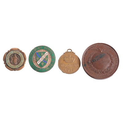 Lot 236 - 1851 Great Exhibition Exhibitor's medal, two silver nursing badges, and 1953 coronation medal.