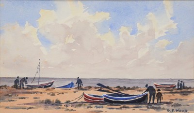 Lot 297 - G E Wood, Fishing boats at low tide