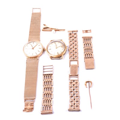 Lot 388 - Two gentleman's wristwatches, 9 and 18 carat, 9 carat bracelets, tie bar, stick pin.