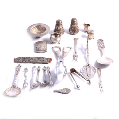 Lot 277 - Norwegian and Indian white metal flatware, vesta, condiments, salt and pepper, and bowl.