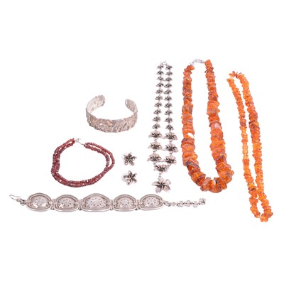 Lot 435 - Two amber style necklaces, ruby chip bracelet, and white metal jewellery.