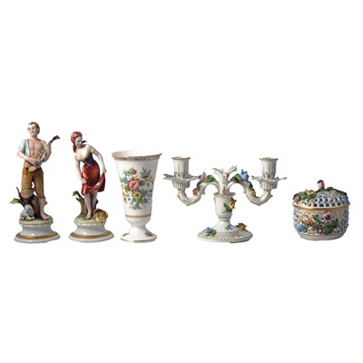 Lot 13 - Pair of Capodimonte figures, Dresden china and a Coalport vase