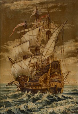 Lot 342 - Spanish school, Spanish galleons at sea, a pair, and two other paintings.