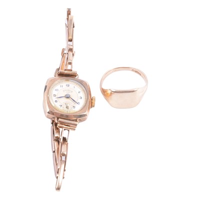 Lot 403 - Shield - a lady's 9 carat gold vintage wristwatch and signet ring.