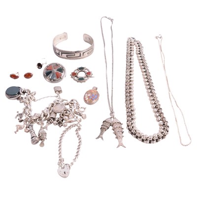 Lot 428 - A collection of silver jewellery, necklace, charm bracelet, brooches etc.