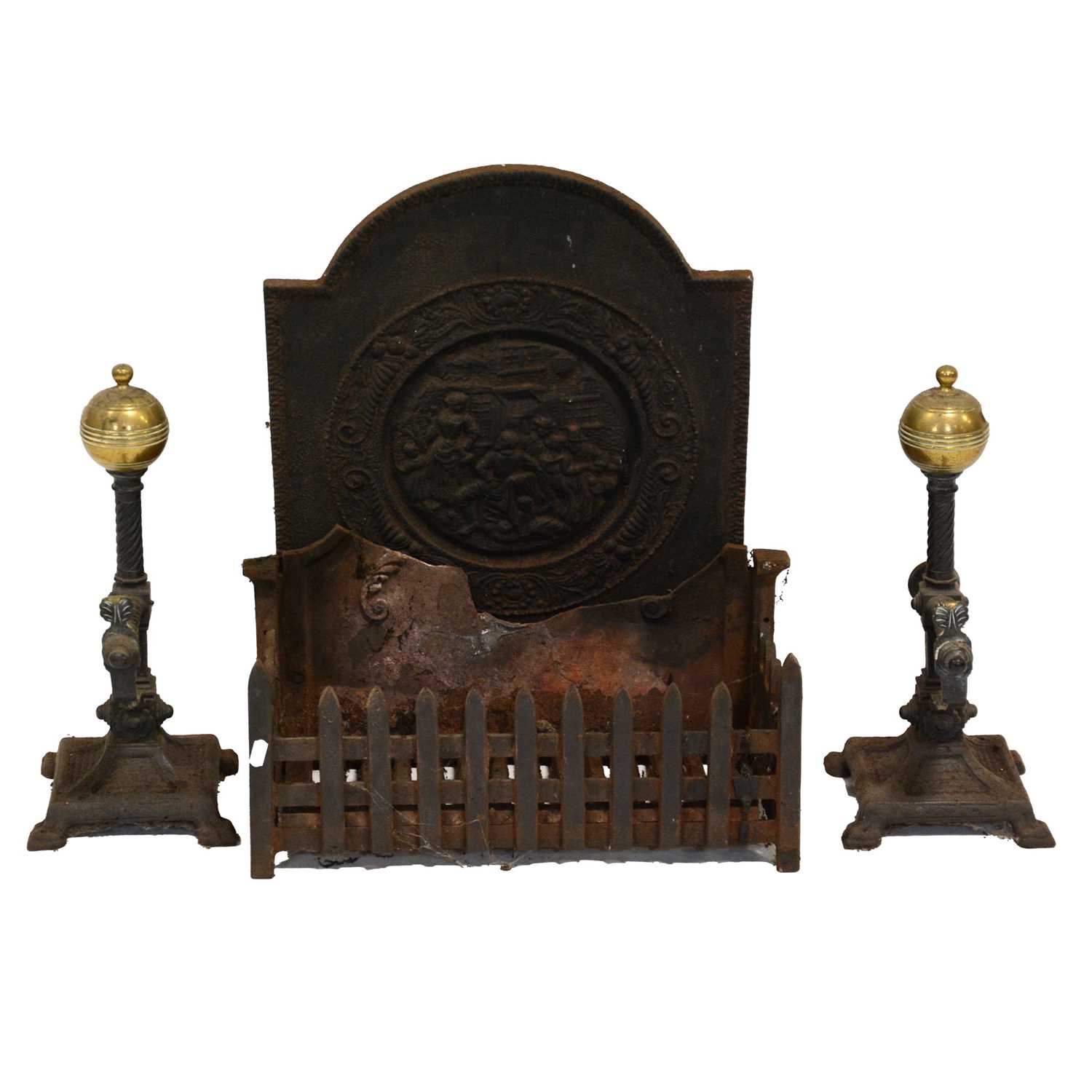 Lot 440 - Cast iron fire back, basket and a pair of brass and iron andirons