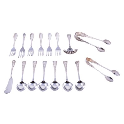 Lot 280 - Set of six Victorian Scottish silver teaspoons, Hamilton and Inches, Edinburgh 1889, and other flatware.