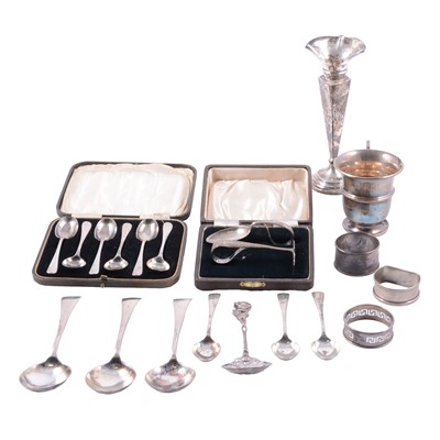 Lot 282 - Three silver dessert spoons, Thomas Turner & Co, Sheffield 1918, and other silver and white metal wares.