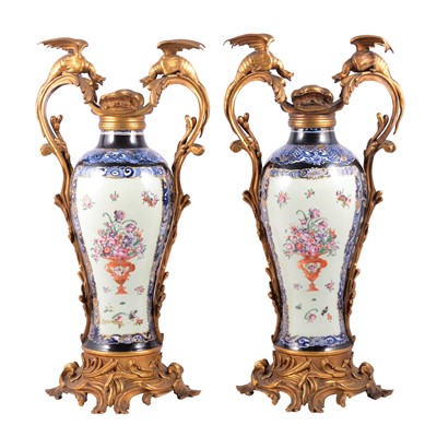 Lot 97 - Pair of Chinese famille rose ormolu-mounted baluster vases