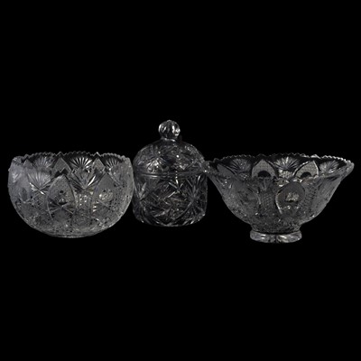 Lot 66 - Two large lead crystal cut-glass bowls, and a large covered jar