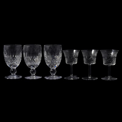 Lot 23 - Set of six Waterford Crystal pedestal claret glasses, Colleen cut, and other sherry glasses