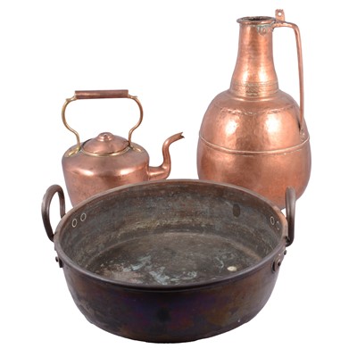 Lot 349 - Large brass jam pan, copper kettle and an Eastern ewer