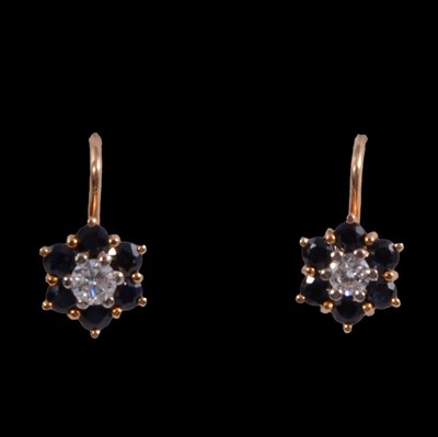 Lot 223 - A pair of sapphire and diamond earscrews.