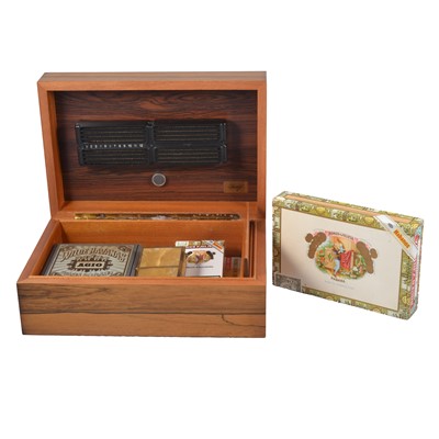 Lot 117 - Davidoff cigar humidor, with some loose cigars, and a Parker Hale gun cleaning kit.