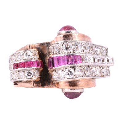 Lot 9 - An Art Deco ruby and diamond cocktail ring, Odeonesque design.