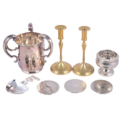 Lot 181 - Large silver plated three-handled presentation cup, ‘To Dear Old Jack..’ etc