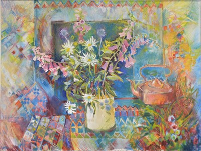 Lot 311 - Lesley (?), Still life, flowers by the hearth