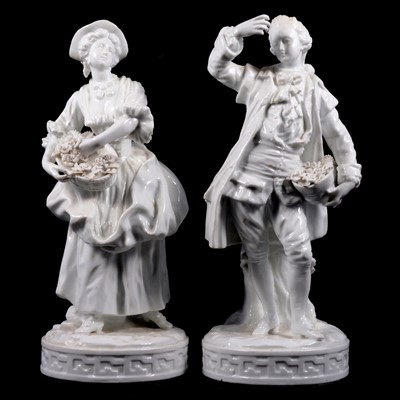 Lot 19 - Pair of French white porcelain figures of gardeners, and a pair of Volkstedt figures