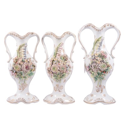 Lot 23 - Garniture of three Coalbrookdale style encrusted vases