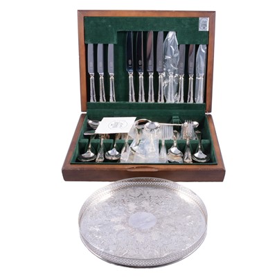 Lot 217 - Canteen of Butler Cavendish silver-plater cutlery, other boxed and loose flatware, gallery tray.