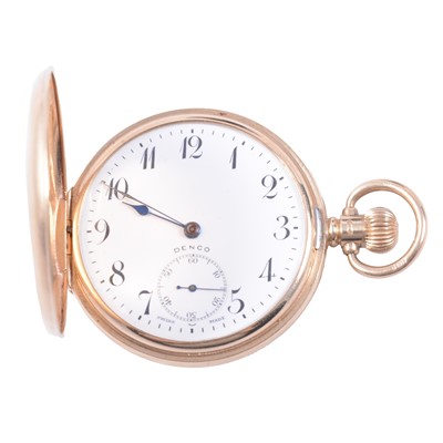 Lot 355 - Denco - a 9 carat yellow gold full hunter pocket watch.