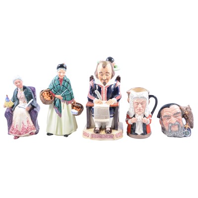 Lot 80 - Box of assorted Doulton figurines, character jugs, novelty teapot, etc