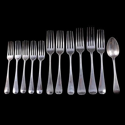 Lot 138 - Eleven Georgian silver forks and one dessert spoon, Old English pattern