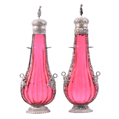 Lot 147 - Two silver mounted ruby glass flasks