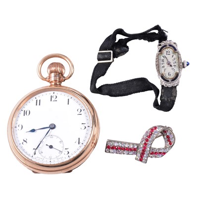 Lot 362 - A gold-plated open face pocket watch, paste brooch and a diamond cocktail watch (stones missing).