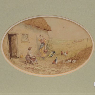 Lot 255 - Follower of Myles Birket Foster, Farm girl with a calf and figures outside a cottage