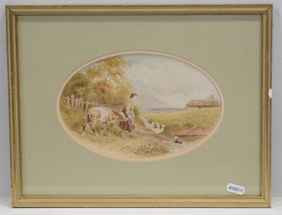 Lot 255 - Follower of Myles Birket Foster, Farm girl with a calf and figures outside a cottage
