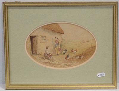 Lot 255 - Follower of Myles Birket Foster, Farm girl with a calf and figures outside a cottage