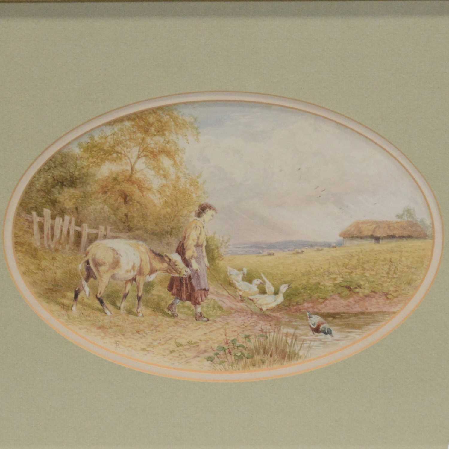 Lot 255 - Follower of Myles Birket Foster, Farm girl with a calf and figures outside a cottage