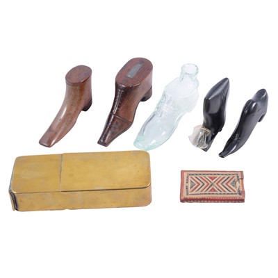 Lot 144 - Two small treen snuff shoes, two other wooden shoes, and a brass cigarette compactum