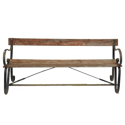 Lot 527 - Wrought iron and slatted wood garden bench