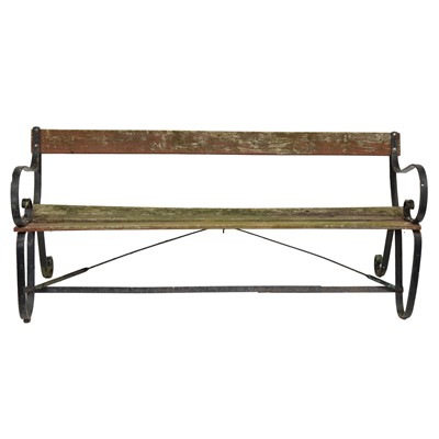 Lot 528 - Wrought iron and slatted wood garden bench